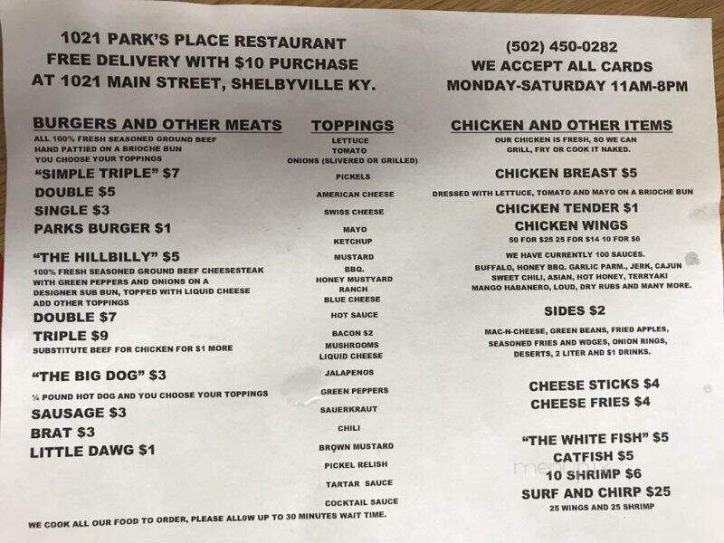 1021 Park's Place Restaurant - Shelbyville, KY